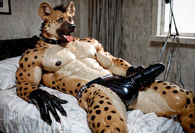 anthro balls_outline big_penis bulge clothing collar genital_outline genitals gloves handwear jockstrap latex latex_clothing latex_gloves male masturbation muscular muscular_male penis penis_outline realistic solo solo_focus tongue tongue_out underwear wet wet_body hyaenid mammal spotted_hyena