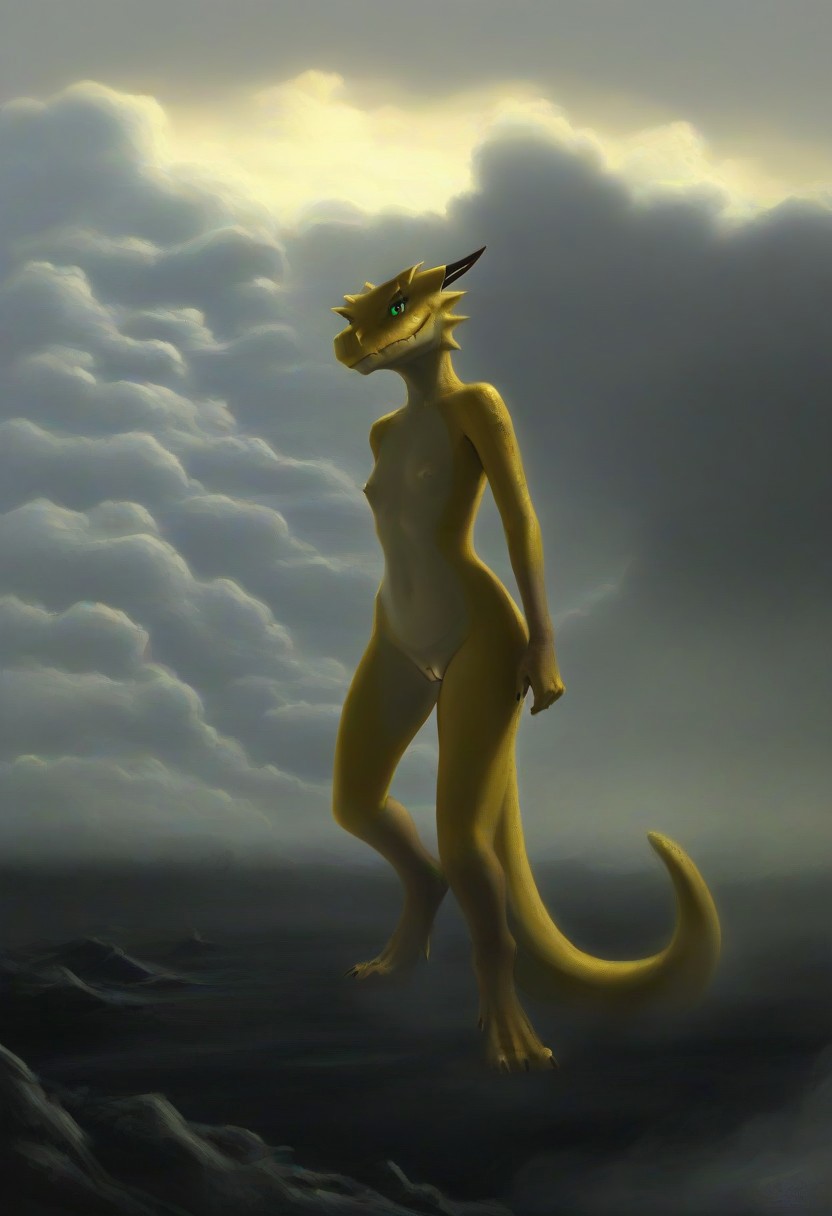 anthro female flat_chested fog genitals nipples nude pussy realistic smile solo standing unknown_director kobold full-length_portrait hi_res portrait