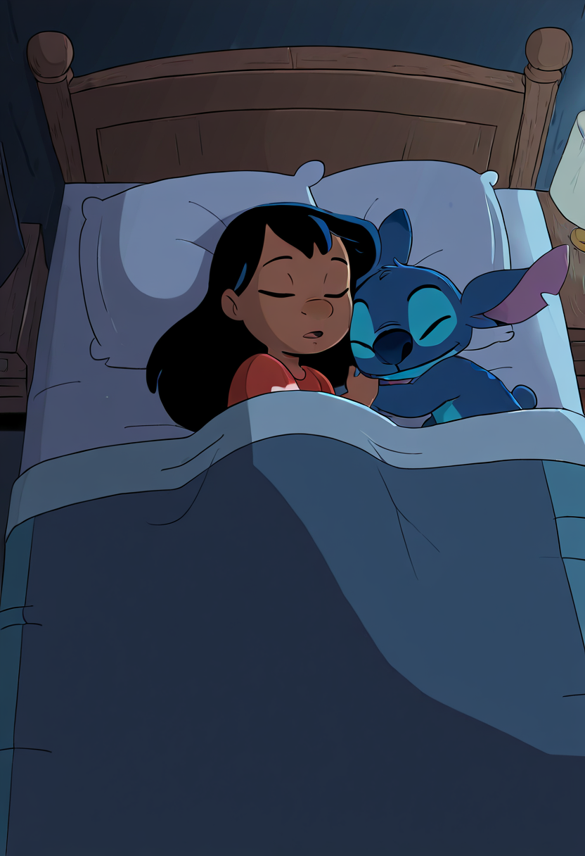 ambiguous_gender bangs bed bedding black_hair blanket blue_body blue_fur blue_nose duo eyes_closed female fur furniture hair lamp long_hair male_(lore) notched_ear open_mouth pillow sleeping small_tail smile djdiii lilo_pelekai stitch_(lilo_and_stitch) alien experiment_(lilo_and_stitch) human mammal 2025 hi_res