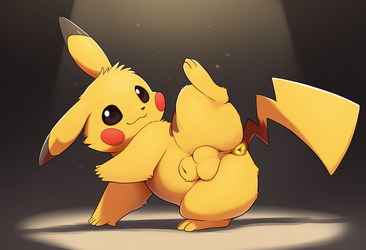 animal_genitalia anus balls butt feet feral fully_sheathed fur genitals looking_at_viewer male perineum presenting presenting_anus presenting_balls presenting_hindquarters presenting_sheath puffy_anus raised_leg sheath simple_background smile soles solo spotlight spread_legs spreading tail tuft yellow_body yellow_fur jomisa nintendo pokemon generation_1_pokemon pikachu pokemon_(species) digital_media_(artwork)