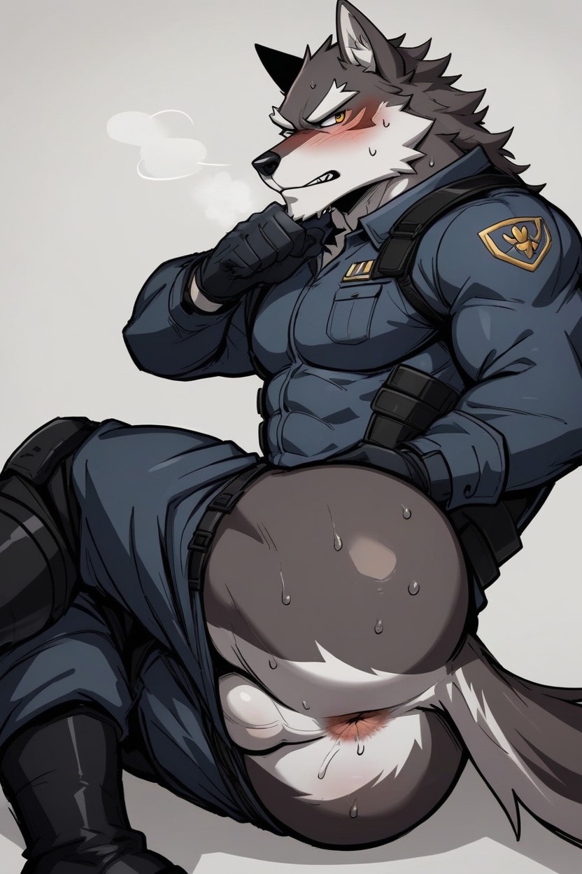 angry annoyed_expression anthro anus balls blush bodily_fluids breath butt clothed clothing genitals looking_at_viewer male muscular panting partially_clothed police raised_tail simple_background solo sweat uniform bedtimes canid canine canis mammal wolf hi_res