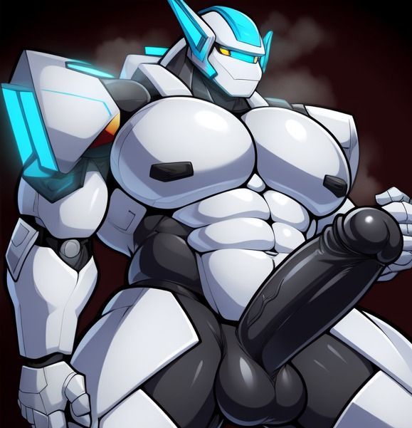 anthro balls bara big_pecs genitals machine male muscular muscular_male musk_clouds pecs penis solo thick_penis candougie humanoid robot