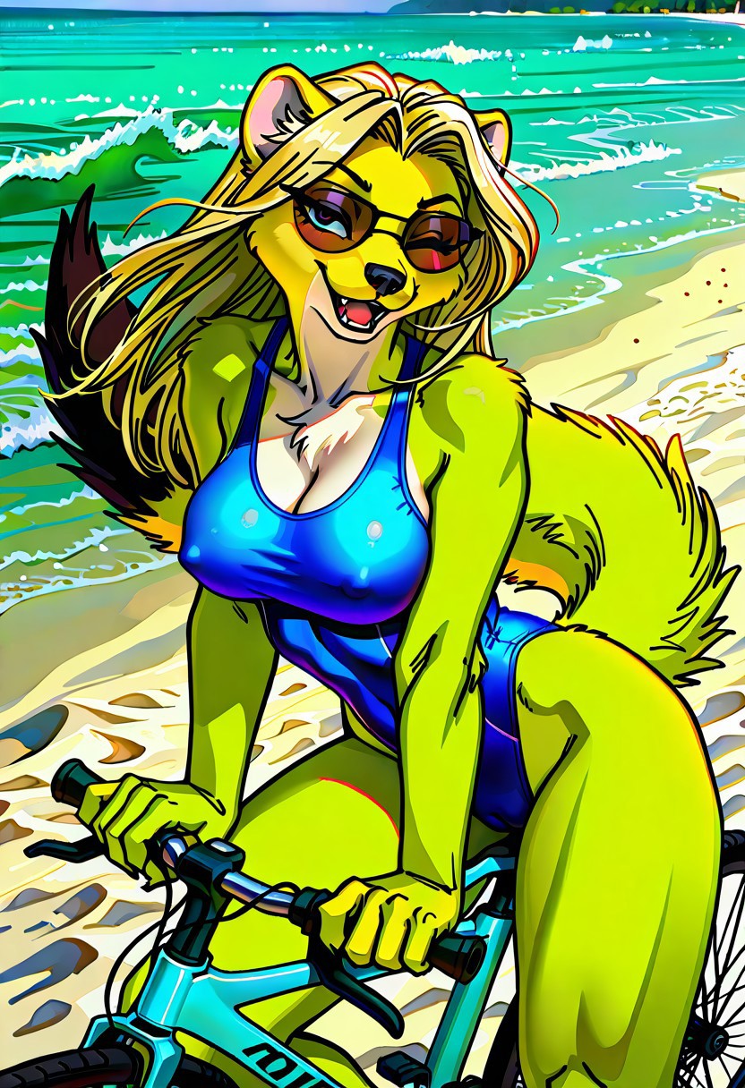 anthro beach bicycle bikini biped blonde_hair breasts cameltoe cleavage clothed clothing eyelashes eyewear female flowing_hair fluffy fluffy_tail fur hair half-closed_eyes leotard long_hair long_tail looking_at_viewer narrowed_eyes nipple_outline one-piece_swimsuit one_eye_closed open_mouth outside pinup pose sand seaside sitting smile solo sunglasses swimwear tail tight_clothing vehicle wink yellow_body yellow_fur carnivalecloudmuncher long-tailed_weasel mammal mustela mustelid musteline true_musteline hi_res