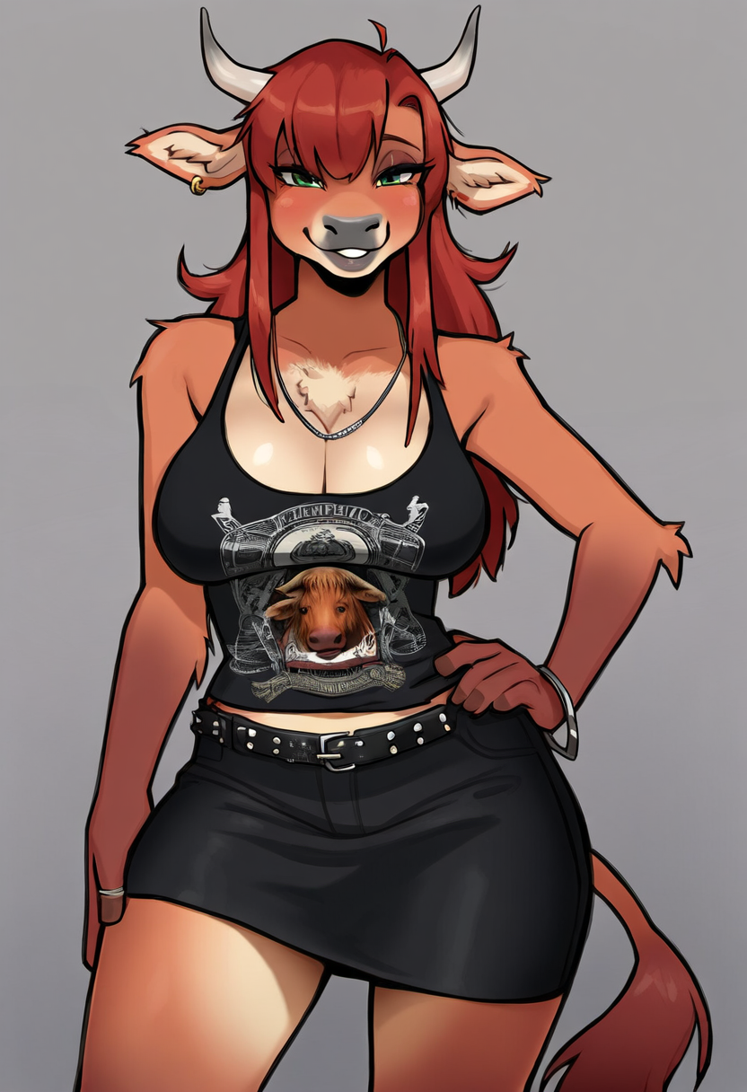 anthro bottomwear bracelet breasts cleavage clothed clothing female green_eyes hair horn jewelry long_hair looking_at_viewer medium_breasts necklace red_hair skirt solo topwear majorfluffy_(director) bovid bovine cattle highland_cattle mammal hi_res