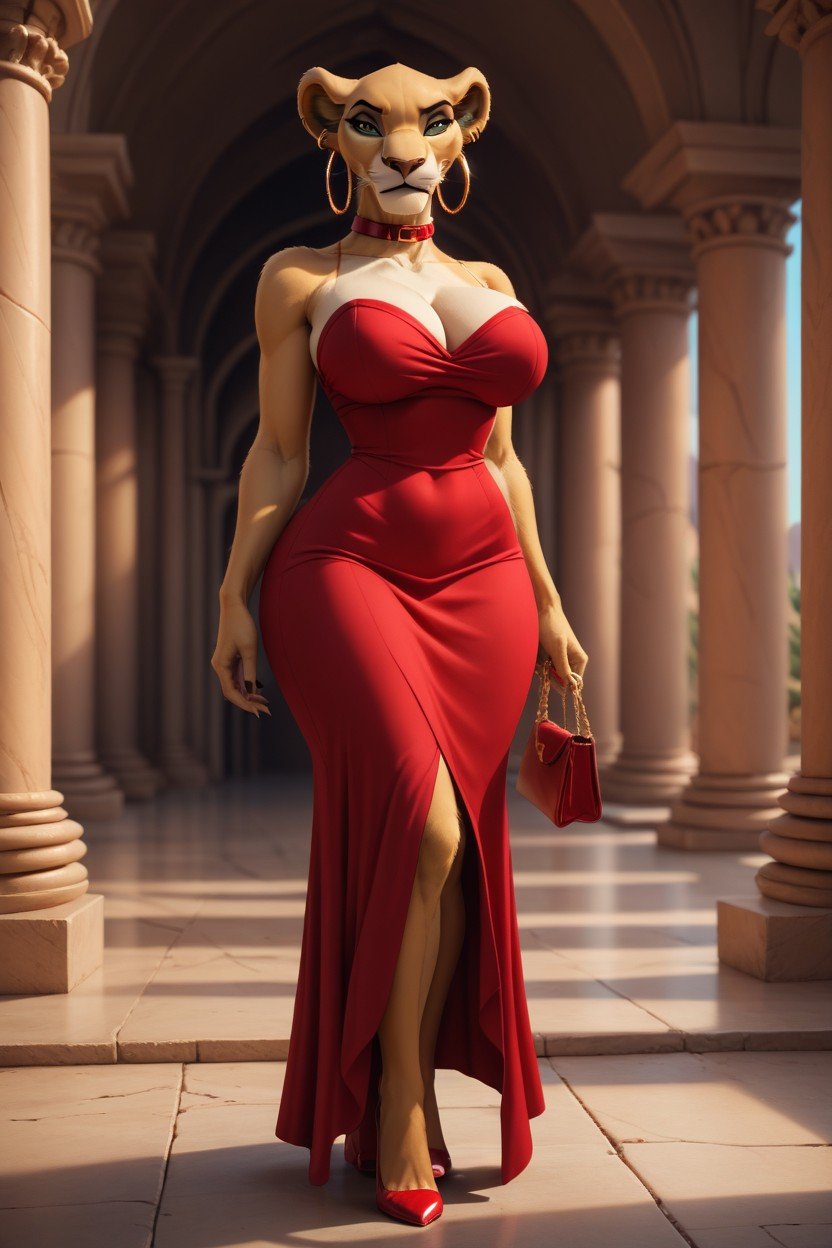 anthro athletic big_breasts breasts clothing collar dress ear_piercing ear_ring female footwear high_heels hoop_ear_ring mature_female mother palace parent piercing purse ring_piercing solo wifey killawatt sarabi_(the_lion_king) felid humanoid lion mammal pantherine hi_res