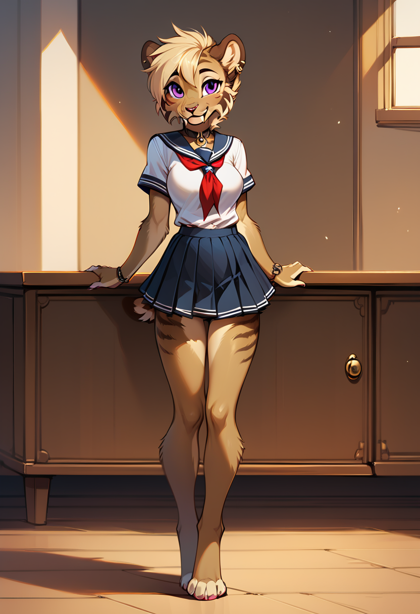 anthro bottomwear breasts clothing female looking_at_viewer medium_breasts miniskirt paws school_uniform skirt solo standing uniform foxlover7796 falla_(f-r95) felid machairodontine mammal hi_res