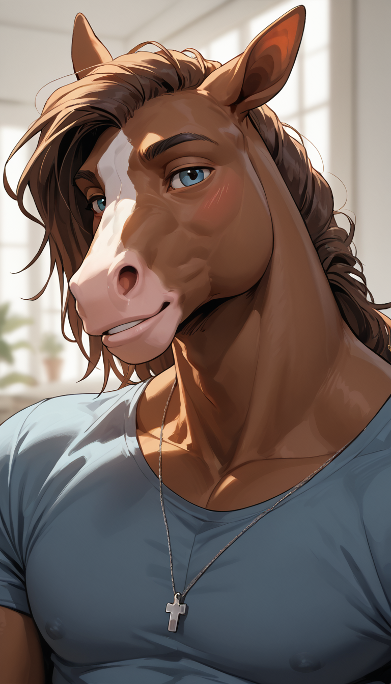 anthro blue_eyes blush brown_body brown_fur cross embarrassed fur hair jewelry looking_at_viewer male muscular necklace pink_nose smile solo volumetric_lighting equid equine horse mammal bust_portrait hi_res portrait