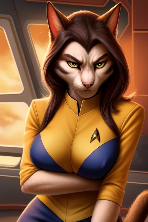 angry_expression anthro arms_crossed big_breasts breasts clothing female grumpy looking_at_viewer solo space spacecraft star_trek starfleet uniform vehicle yellow_eyes angry_puppy animal_humanoid cat_humanoid domestic_cat felid felid_humanoid feline feline_humanoid felis humanoid mammal mammal_humanoid