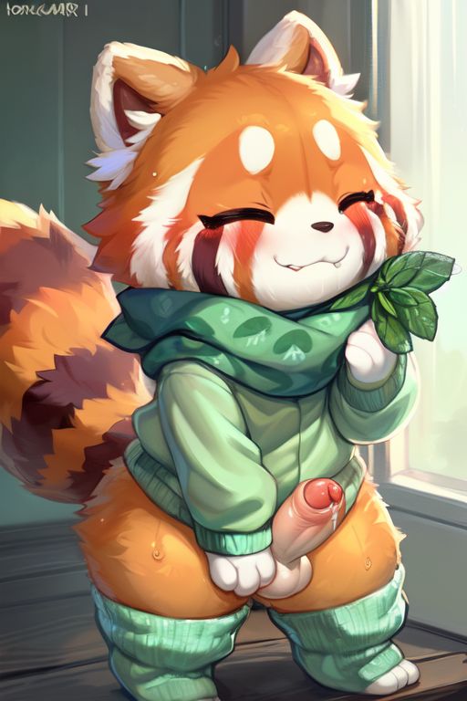 anthro balls bandanna bite biting_lip black_nose blush bodily_fluids chibi clothing footwear foreskin fur genital_fluids genitals happy humanoid_genitalia humanoid_penis jacket kerchief leaking_precum male paws penis precum red_body red_fur socks solo stripes sweaty topwear fronestica ailurid mammal red_panda attempted_signature