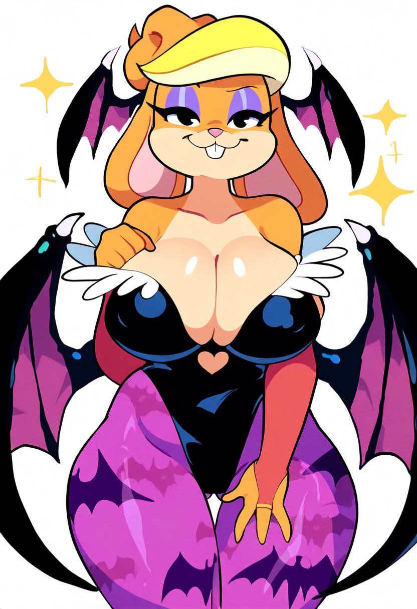 anthro big_breasts breasts capcom cosplay female looney_tunes simple_background smile solo sparkles warner_brothers white_background morrigan_aensland patricia_bunny lagomorph leporid mammal rabbit hi_res