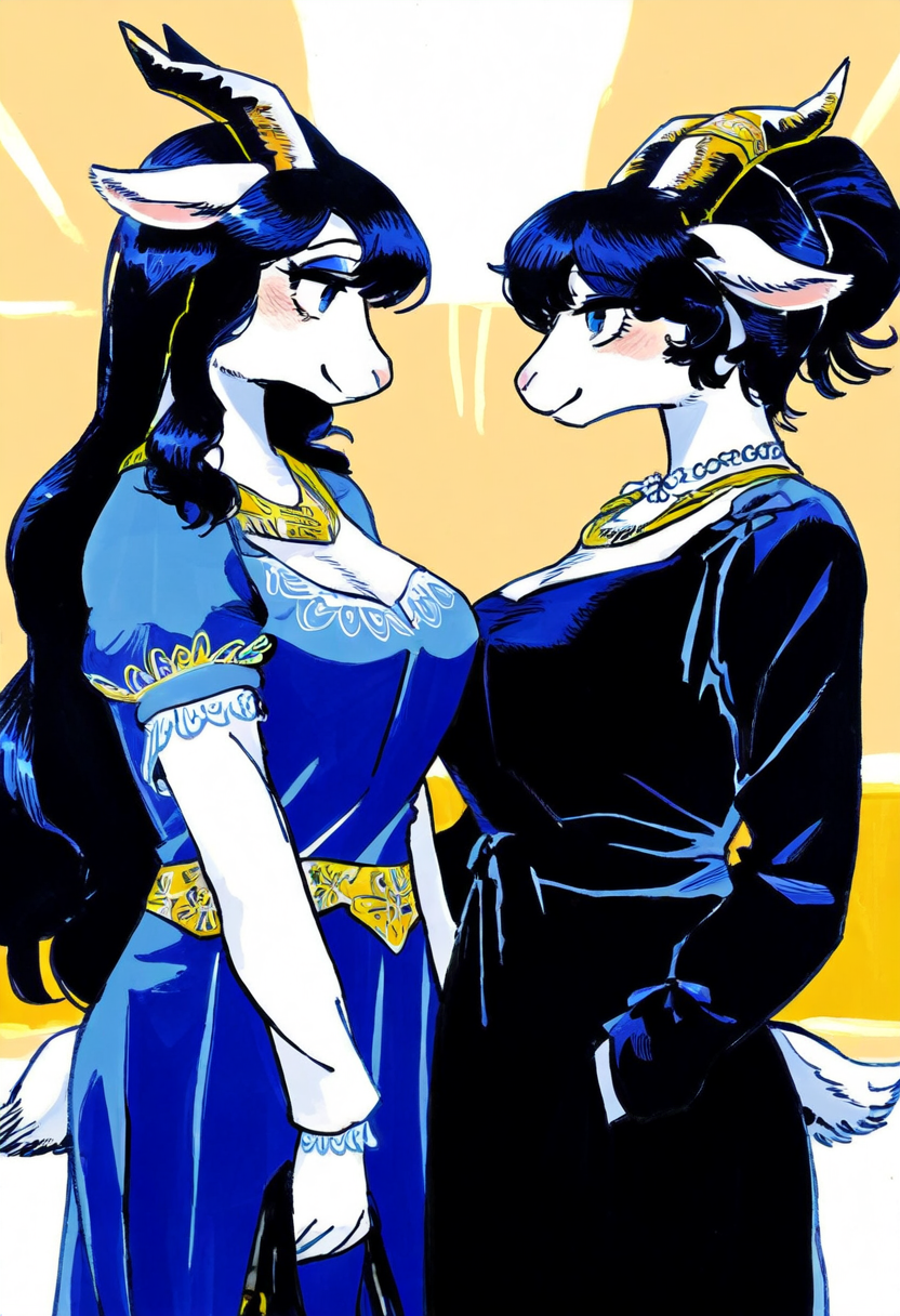 anthro big_breasts black_hair blue_eyes breasts clothed clothing dress_shirt duo eye_contact female female/female gold_(metal) gold_jewelry hair horn jewelry long_hair looking_at_another medium_breasts narrowed_eyes necklace shirt size_difference topwear majorfluffy_(director) bovid caprine goat mammal hi_res