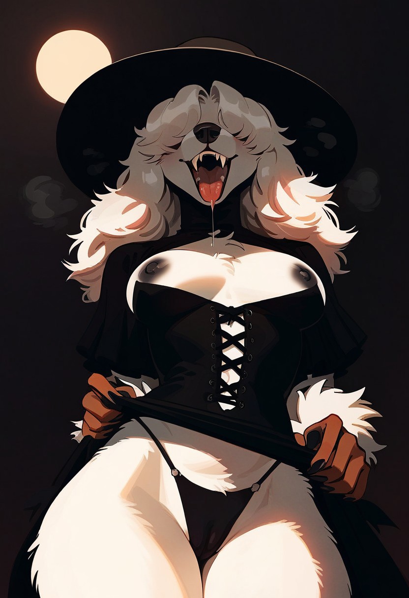 anthro areola black_areola black_background black_nipples black_nose bodily_fluids breasts cameltoe claws clothed clothing corset drooling female full_moon fur hair hair_over_eyes halloween hat headgear headwear lingerie long_hair medium_breasts moon natural_breasts nipples open_mouth saliva sharp_teeth simple_background skimpy solo teeth thong tongue tongue_out topwear underwear white_body white_fur white_hair witch_hat ihatethemic canid canine canis domestic_dog husky mammal nordic_sled_dog spitz hi_res