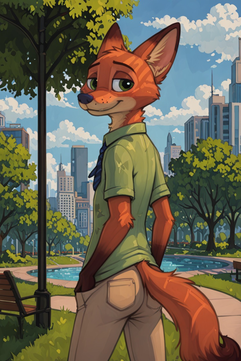 anthro blush city city_background clothing disney fur green_eyes hand_in_pocket looking_at_viewer looking_back male plant pockets presenting smile smiling_at_viewer solo angry_puppy zootopia nick_wilde canid canine fox mammal hi_res