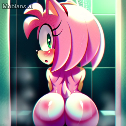 anthro blush butt female green_eyes looking_at_viewer mobians.ai nude pink_body presenting presenting_hindquarters shower solo solo_focus sonic_the_hedgehog_(series) amy_rose eulipotyphlan hedgehog mammal tail watermark