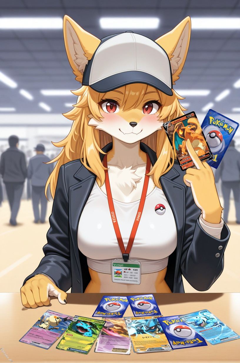 anthro black_nose blonde_hair blue_body breasts card chest_tuft clothing convention crop_top female feral fire fur furniture gesture green_eyes hair lanyard long_hair looking_at_viewer medium_breasts middle_finger open_mouth orange_body pokeball pokemon purple_body red_eyes shirt smile solo solo_focus table text topwear trading_card tuft wings yellow_body yellow_fur fenix_ai background_character blastoise canid canine generation_1_pokemon generation_4_pokemon generation_7_pokemon human legendary_pokemon lucario mammal mewtwo mimikyu pokemon_(species) venusaur hi_res japanese_text