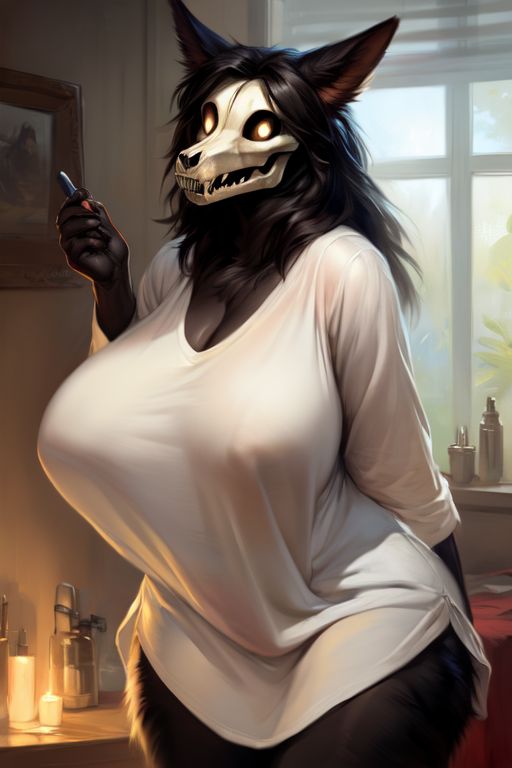 anthro barely_visible_nipples bathroom big_ass big_boobs big_breasts big_butt black_body black_ear black_ears black_fur black_hair black_hands body_fur bone bottomless breasts butt canine_teeth clothed clothing cute_expression dark_body dark_fur dark_hair dark_skin ears_up evening female female_anthro fluffy_body fur glowing glowing_eyes hair hands_behind_back holding_object inner_ear_fluff larger_anthro larger_female leaning leaning_forward legs_together long_ears long_hair looking_at_viewer mask mature_anthro mature_female mostly_nude nipples no_underwear shirt shirt_only size_difference skull skull_accessory skull_head skull_mask solo thick_thighs topwear topwear_only tuft white_clothing white_shirt white_topwear wide_hips draven scp_foundation mal0 scp-1471 scp-1471-a canid canine canis humanoid malo mammal monster detailed