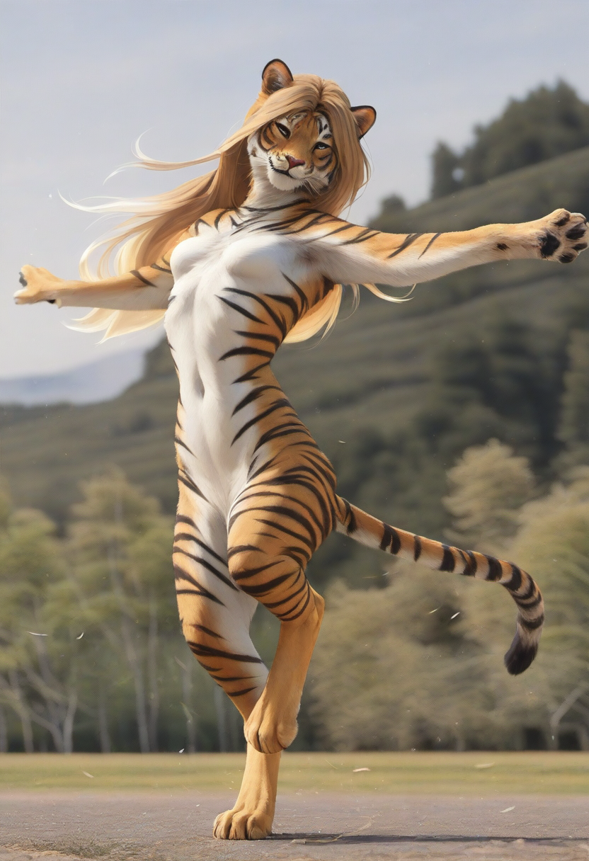 anthro blonde_hair dancing digitigrade female field forest fur hair hill nude orange_body orange_fur path plant smile solo tasteful_nudity tree wind director_crashbandit felid mammal pantherine tiger hi_res novelai