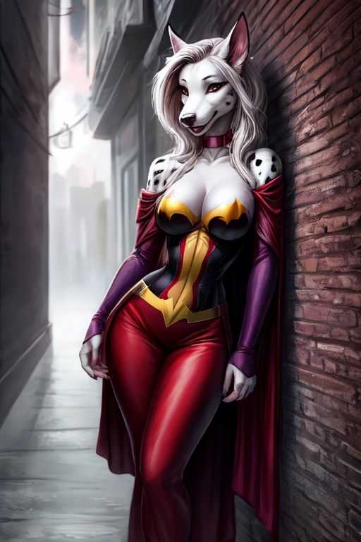 alley anthro bare_shoulders cape clothing cosplay detailed_background female jewelry necklace slim small_waist solo superhero wide_hips hellapoc marvel scarlet_witch canid canine canis dalmatian domestic_dog mammal