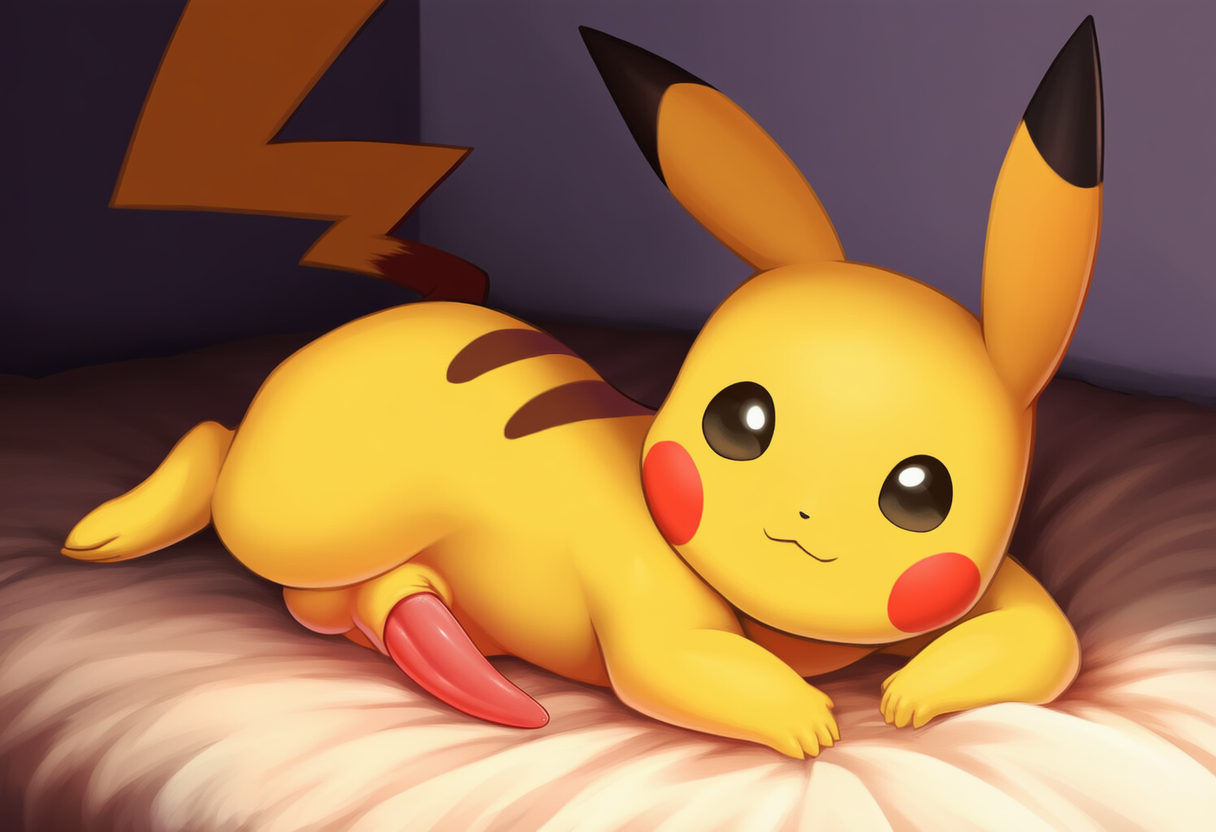 animal_genitalia balls bed black_eyes ears_up erection feral fur furniture genitals looking_at_viewer lying male on_bed on_front penis presenting presenting_balls presenting_penis presenting_sheath prone sheath smile solo tapering_penis yellow_body yellow_fur jomisa nintendo pokemon generation_1_pokemon pikachu pokemon_(species)