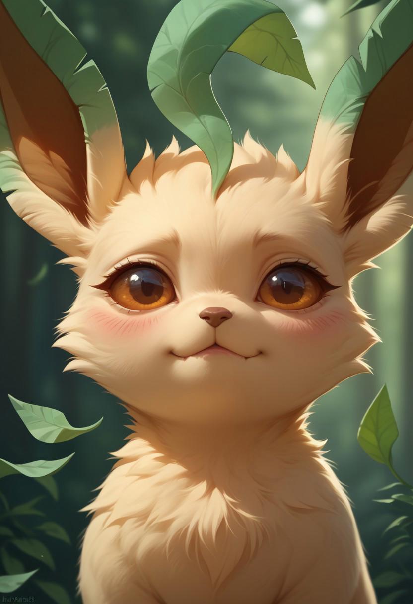 ambiguous_gender blush bokeh brown_eyes close-up feral fur leaf light looking_at_viewer prefect_pony_xl solo tuft yellow_body yellow_fur humgeogre nintendo pokemon eeveelution generation_4_pokemon leafeon pokemon_(species) hi_res shaded