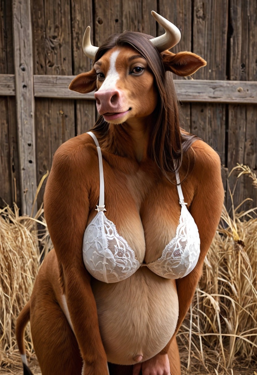 anthro barn belly big_belly bra breasts brown_body brown_hair butt clothing female flirting fur hair hay horn leaning leaning_forward looking_at_viewer overweight overweight_female photorealism photorealistic pink_nose pose pregnant realism realistic solo standing tan_body thick_thighs underwear voluptuous_female anonymous_director bovid bovine cattle mammal hi_res