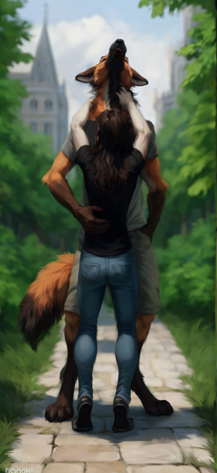 anthro barefoot blep bottomwear brown_hair clothed clothing denim denim_clothing digitigrade duo embrace feet female female_on_anthro fully_clothed hair human_on_anthro interspecies jeans male male/female neck_tuft pants park path petting plant shirt shorts size_difference sky standing t-shirt tiptoes tongue tongue_out topwear tree tuft degenstoic canid canine human mammal maned_wolf