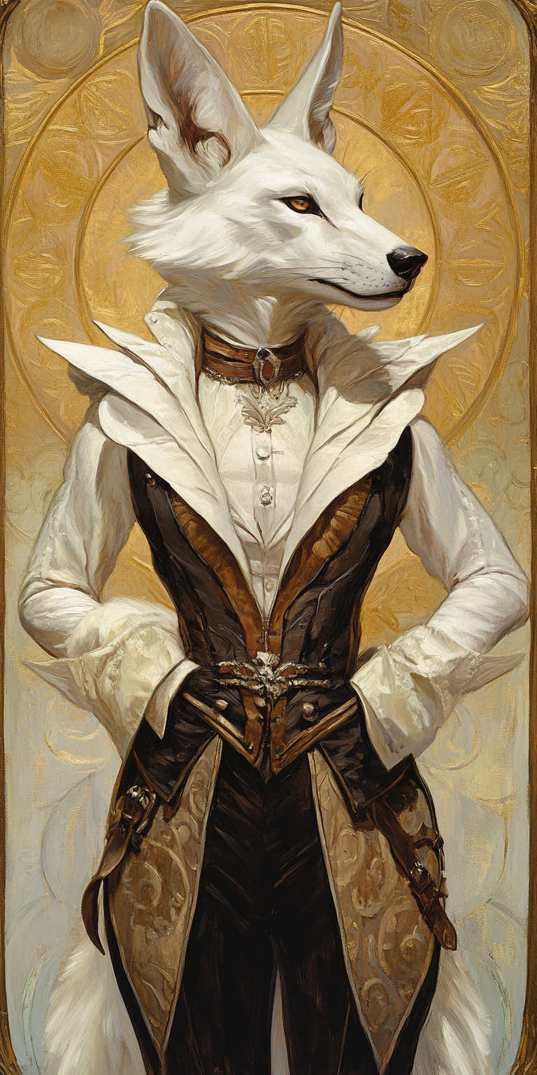 anthro clothing collar corset detailed_background fur jacket lingerie male ornate slim solo topwear wasp_waist white_body white_fur yellow_eyes bahufaru badru_(bahufaru) canid canine canis jackal mammal hi_res