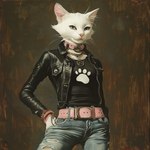 anthro belt bottomwear bracelet clothing collar denim denim_clothing female green_eyes jacket jeans jewelry leather leather_clothing leather_jacket leather_topwear necklace pants shirt solo t-shirt topwear whiskers bahufaru maud_(bahufaru) domestic_cat felid feline felis mammal