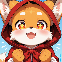 anthro blush bowtie brown_body brown_fur cheek_tuft claws clothed clothing cub cute_fangs dress excited facial_tuft fangs female fist front_view fur happy head_tuft headgear headwear hood inner_ear_fluff looking_at_viewer open_mouth orange_body orange_fur red_eyes smile solo tail tuft two_tone_tail white_body white_fur young young_female kaltingale_(director) fairy_tales little_red_riding_hood_(folklore) little_red_riding_hood canid canine fox mammal 1:1 hi_res