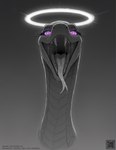 bedroom_eyes bodily_fluids eyelashes fangs female feral forked_tongue glowing glowing_eyes halo long_eyelashes long_neck mouth_shot narrowed_eyes open_mouth purple_eyes saliva seductive simple_background solo tongue the_yiff_republic reptile scalie snake absurd_res hi_res monochrome portrait