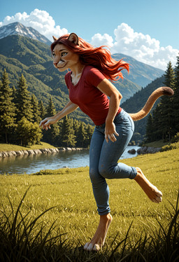 4_toes 5_fingers amazing_background anthro barefoot biped blue_eyes bottomwear breasts claws clothed clothing cloud day denim denim_bottomwear denim_clothing detailed_background digitigrade feet female fingers forest fur grass hair jeans long_hair markings mountain nature outside pants paws photorealism plant red_clothing red_hair red_topwear shirt sky smile solo standing tail tan_body tan_fur toes topwear tree water whiskers crashbandit cougar felid feline mammal comfyui_(software) detailed digital_media_(artwork) hi_res nai-diffusion-4-full_(model) prompt_metainfo ysornep_(model)