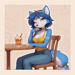 anthro beverage bottomwear breasts cafe choker cleavage clothed clothing denim denim_clothing female green_eyes jeans jewelry necklace one_eye_closed pants solo wink anonymous_director krystal canid canine fox mammal absurd_res hi_res