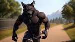 abs absurd_res angry anthro areola bottomwear bumblebee95 canid canine clock clothed clothing detailed_background ear_piercing hi_res jewelry looking_at_viewer male mammal muscular necklace nipples open_mouth pecs piercing realistic running shorts solo teeth topless wallpaper watch were werecanid werecanine werewolf