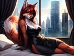 anthro bed canid canine clothed clothing dress female fox fur furniture green_eyes hair hi_res jewelry looking_at_viewer mammal mercrantos necklace on_bed red_body red_fur red_hair smile solo