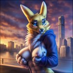 anthro blue_eyes breast_grab breast_play breasts canid canine clothing digimon_(species) female fur hand_on_breast hoodie mammal neck_tuft nenvul nipples renamon seductive smile solo topwear tuft white_body white_fur yellow_body yellow_fur