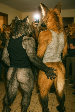 anthro blurred_background bottomless butt cellphone claws clothed clothing detailed_fur dirty_clothing duo duo_focus fur grey_body grey_fur group hand_on_butt inside looking_away male male/male neck_tuft orange_body orange_fur partially_clothed party phone photorealism photorealistic realistic realistic_fur rear_view shirt size_difference tail tank_top topwear tuft delken canid canine canis felid fox human lion mammal maned_wolf pantherine wolf detailed hi_res