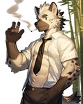 anthro bamboo bulge cigarette clothed clothing eyebrows gesture hand_in_pocket inner_ear_fluff leaf male navel necktie open_clothing open_shirt open_topwear pecs pockets raised_tail shirt smoking solo thick_eyebrows topwear tuft white_clothing white_shirt white_topwear roaraor hyaenid mammal