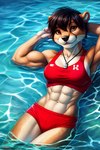 abs anthro background_pool biceps bodily_fluids bottomwear breasts brown_body brown_fur clothing female floating fur hotpants lifeguard lifeguard_uniform lifeguard_whistle minishorts muscular pool red_clothing shorts slim_body solo sweat topwear triceps uniform veiny_biceps yellow_body yellow_fur hellapoc lutrine mammal mustelid