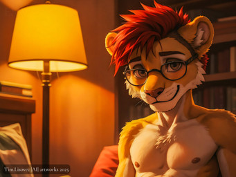anthro blush eyewear glasses lamp male nipples nude shy solo tim_lisovec felid lion mammal pantherine absurd_res hi_res shaded soft_shading