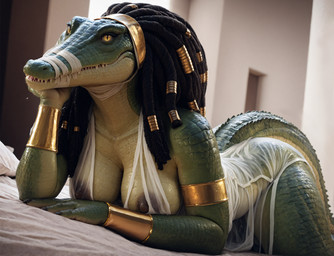 anthro bandages bed black_nipples bracelet breasts cleavage clothed clothing detailed_scales dreadlocks female furniture gold_(metal) green_body green_scales hand_on_chin jewelry lying nipples on_bed on_front pupils realistic scaled_breasts scales sharp_teeth slit_pupils solo tail teeth translucent translucent_clothing wet wet_body wet_clothing yellow_eyes purrfectlyai ammit_(moon_knight) crocodilian reptile scalie absurd_res detailed hi_res