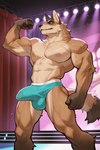 abs anthro balls bulge clothing flexing flexing_bicep front_view genitals humanoid_genitalia humanoid_penis male motion_lines muscular muscular_anthro muscular_arms muscular_male muscular_thighs nipples pecs penis solo speedo speedo_only stage swimwear tail teeth thick_thighs veiny_muscles view_from_below homer_26 canid canine canis domestic_dog german_shepherd herding_dog humanoid mammal pastoral_dog