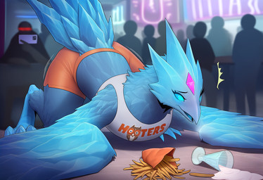 accident all_fours ambiguous_gender ass_up bar beak blue_body blue_eyes blue_sclera blue_tongue blush boxers_(clothing) bra butt clothed clothed_feral clothing crowd feathers feet female feral food forehead_gem fries front_view furniture group holding_object holding_phone hooters ice inside lying milkshake neon_sign on_front open_mouth phone presenting presenting_hindquarters recording restaurant sign silhouette_background_characters solo sports_bra surprise tail tail_feathers talons thick_thighs toes tongue underwear wings q_wings league_of_legends riot_games tencent anivia_(lol) avian bird elemental_creature human mammal