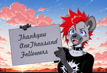 anthro black_clothing black_shirt black_topwear blue_eyes clothing collar female fur grey_body grey_fur hair red_hair shirt sign solo spiked_collar spikes sunset text topwear icefoxai trrith_(character) hyaenid mammal hi_res
