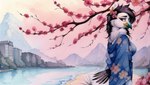 16:9 accessory alcid anthro asian_clothing avian back_to_back beak bedroom_eyes bird breasts clothed clothing east_asian_clothing female floral_background flower flower_in_hair hair hair_accessory hi_res japanese_clothing kimono lari looking_at_viewer looking_back looking_back_at_viewer narrowed_eyes painting_(artwork) plant puffin_(director) seductive smile solo traditional_media_(artwork) watercolor_(artwork) widescreen