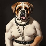 absurd_res anthro belt canid canine canis chain collar domestic_dog harness hi_res looking_at_viewer male mammal molosser mountain_dog overweight overweight_male portrait saint_bernard simple_background solo splice tongue tongue_out wrinkles