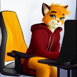 2022 anthro blue_eyes bottomwear chair clothed clothing computer desk domestic_cat ear_tuft felid feline felis fur furniture hoodie inside leomole looking_at_viewer male mammal orange_body orange_fur shorts sitting smile solo table topwear tuft