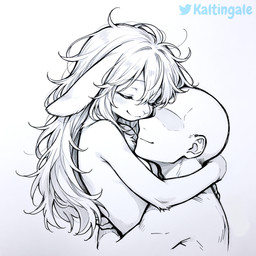 anthro blush breasts chest_tuft duo embrace eyes_closed faceless_character faceless_male female hair happy hug human_on_anthro interspecies long_ears long_hair male male/female messy_hair nude simple_background smile tuft upper_body white_background kaltingale_(director) cindy_(kaltingale) human lagomorph leporid mammal rabbit black_and_white hi_res monochrome signature sketch