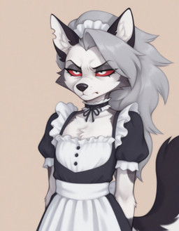 angry angry_expression annoyed anthro black_body black_fur black_nose bow_ribbon cheek_tuft chest_tuft choker clothing facial_tuft female flat_chested front_view fur grey_body grey_fur hair jewelry long_hair maid_uniform narrowed_eyes necklace red_sclera silver_hair simple_background solo standing tail tuft uniform upper_body white_body white_eyes white_fur foxgirlai helluva_boss loona_(helluva_boss) canid canid_demon demon hellhound mammal hi_res