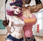 anthro biped bottomwear breasts clothing female hand_holding muscular muscular_anthro muscular_female red_eyes riding_crop school shorts whip wrist_guards anonymous_director invoke_high street_fighter poison_(street_fighter) hyaenid lagomorph leporid mammal rabbit hi_res