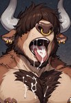 anthro bodily_fluids body_hair chest_hair cum cum_on_chest cum_on_face cum_on_tongue ear_piercing ear_ring facial_piercing fluffy genital_fluids hair hair_over_eyes horn male muscular nipple_piercing nipples nose_piercing nose_ring open_mouth piercing ring_piercing solo teeth tongue leafeon_lover bovid bovine cattle highland_cattle mammal hi_res